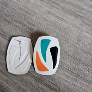 Vintage White metal Earrings with Orange, Teal Abstract Shapes